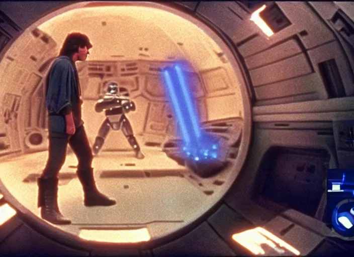 Image similar to screenshot from the lost star wars film, the lost jedi, scene of Han Solo on the millenium falcon, he's talking to a small blue hologram of Luke Skywalker, iconic scene from the 1980s sci fi thriller directed by Stanely Kubrick film, color kodak stock, anamorphic lenses, detailed faces, moody cinematography