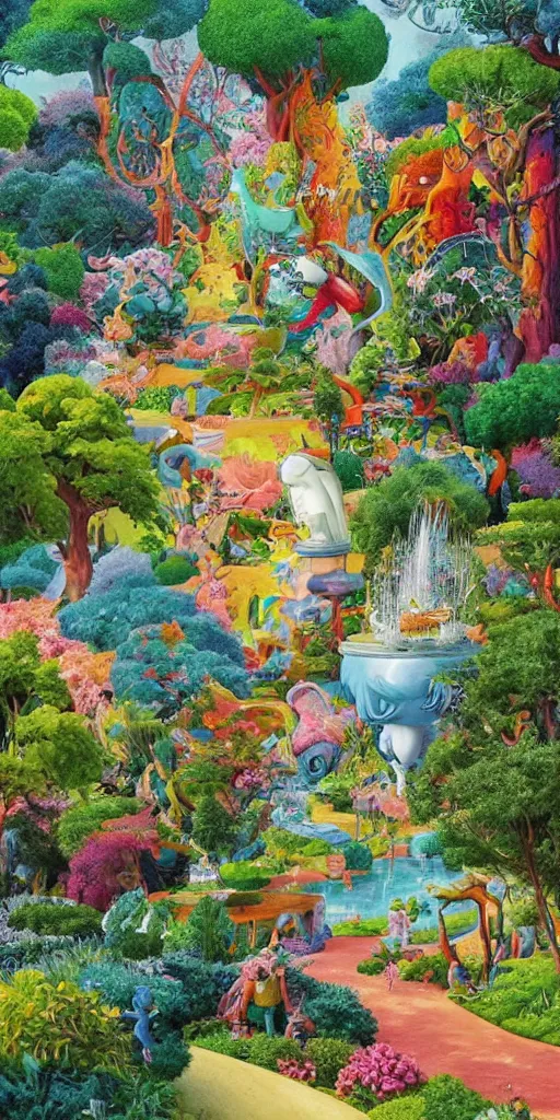 Image similar to bosch and beeple!!!!!!! ( ( ( ( ( ( ( and lisa frank ) ) ) ) ) ) ) painting of a magnificent garden filled with remarkable sculptures, trees, and structures, incredible details