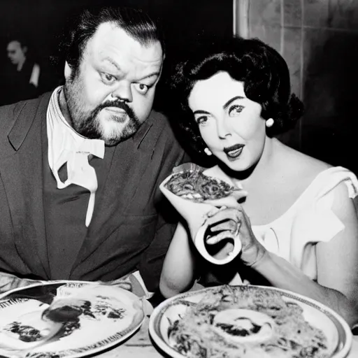 Prompt: candid photo of a dinner date with Orson Welles and Elizabeth Taylor eating spaghetti