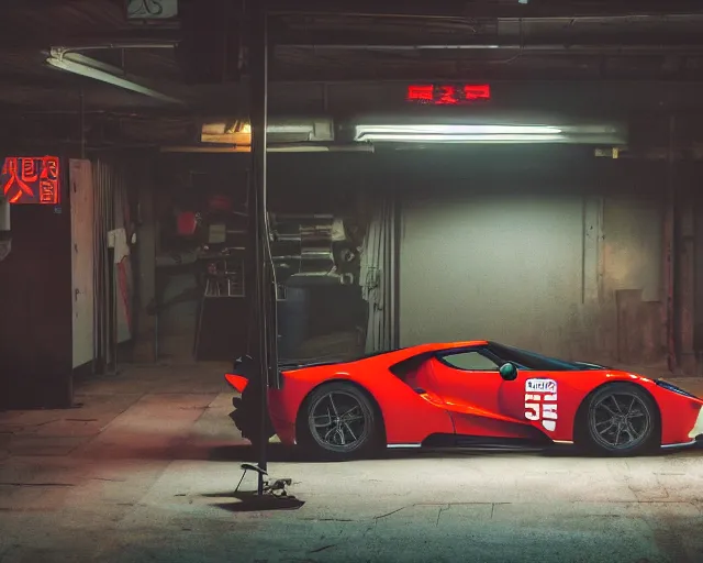 Prompt: japanese garage parts strewn around tools red tool box. 2022 Ford GT on lift removed hood. Warm fluorescent lighting. Bladerunner 2049 (muted colors) scene. artstation trending. 45mm camera photo 2017. Street racer garage tokyo colorful.