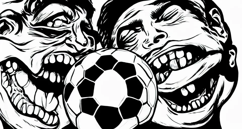 Image similar to a man eating a soccer ball and laughing in the style of Junji Ito