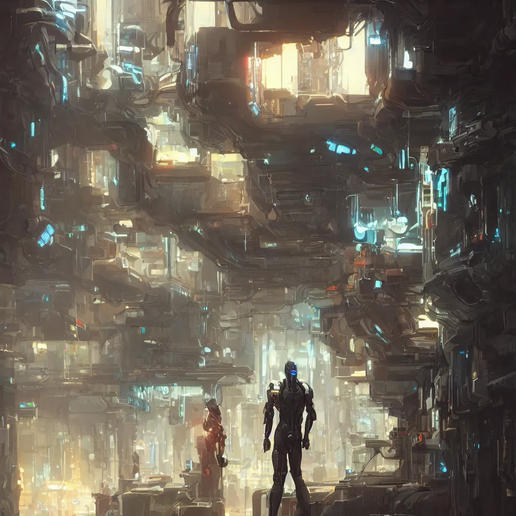 Prompt: a close-up shot of a cyborg in a store contemplating which brand of water to buy while shopping, digital painting, illustration, high quality, futuristic art style, cyberpunk, style by jordan grimmer and greg rutkowski