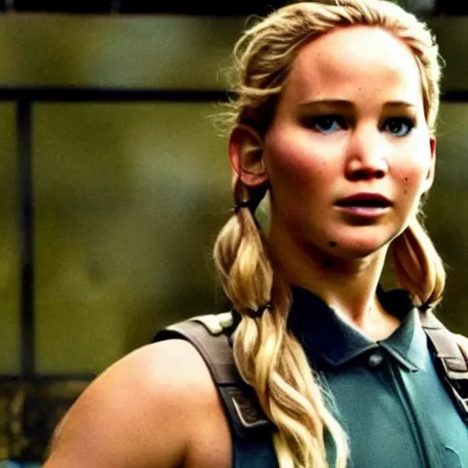 Prompt: still of Jennifer Lawrence as Cammy in remake of movie Street Fighter (2029)