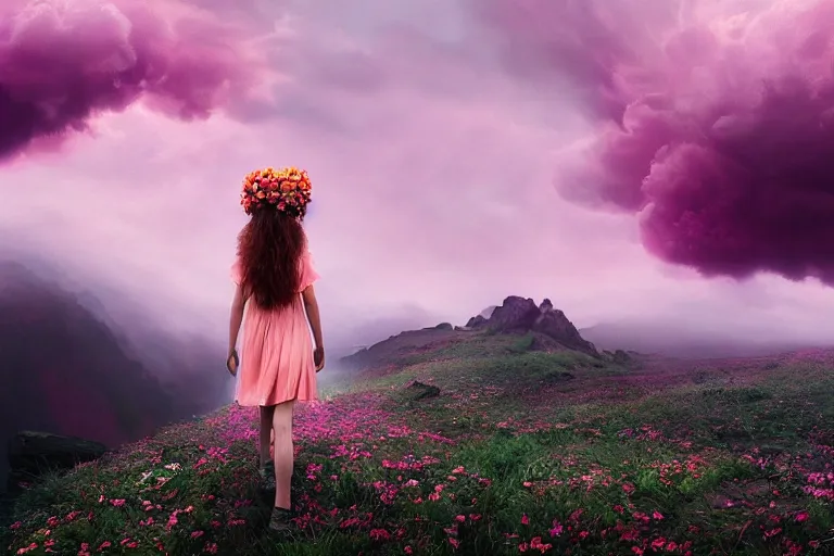 Image similar to giant dahlia flower crown face, girl walking on mountain, surreal photography, pink storm clouds, dramatic light, impressionist painting, digital painting, artstation, simon stalenhag