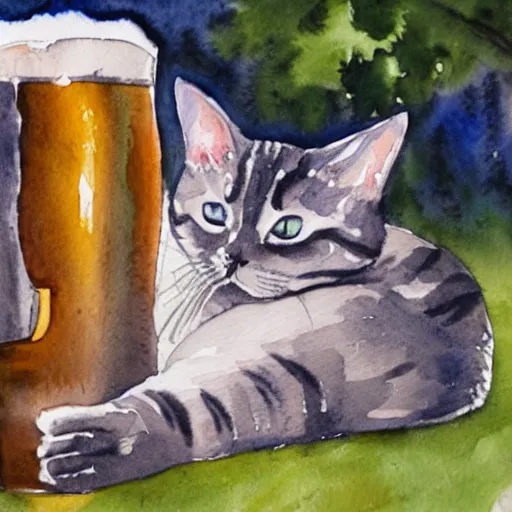 Prompt: a watercolor painting of a cat drinking a beer outside