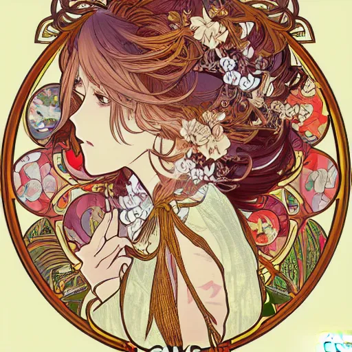 Prompt: anime manga closeup floral detailed highres 4k intricate nature comic patterns vector illustration style by Alphonse Mucha and James Jean pop art nouveau