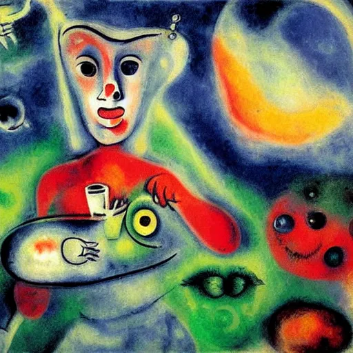 Image similar to an alien drinking horchata, detailed, painting by marc chagall