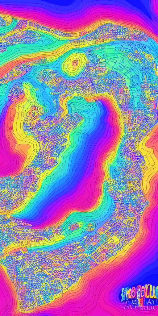 Image similar to infographic of a heavenly realm split into regions with population information and statistics in the style of a three dimensional hologram highly detailed digital saturated colors full color inked drawn by wlop and bob ross and lisa frank