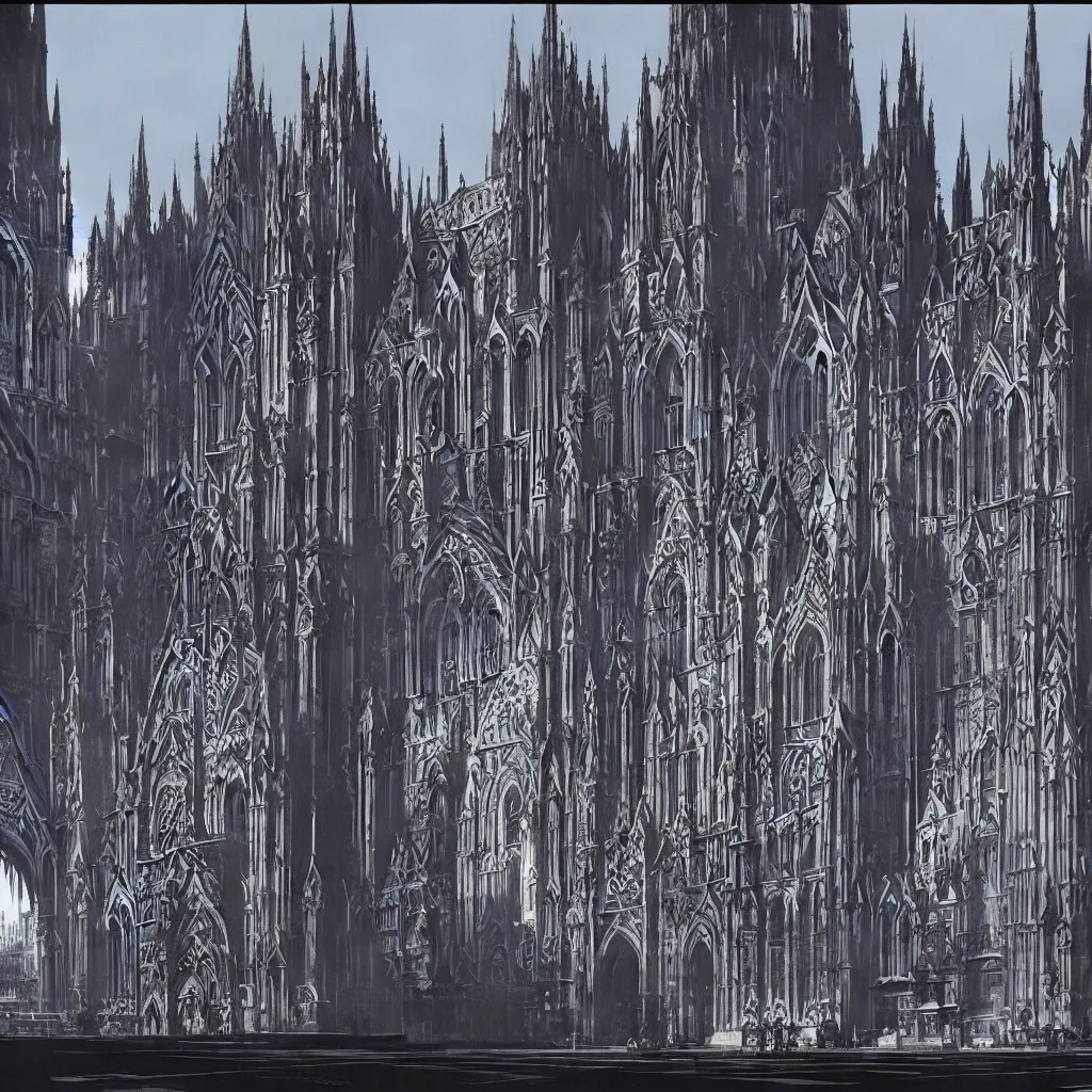 Image similar to gothic cathedral world of cyberpunk architecture by syd mead