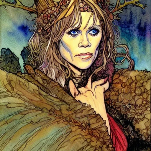 Image similar to a realistic and atmospheric watercolour fantasy character concept art portrait of jane fonda in her 2 0 s as a druidic warrior wizard looking at the camera with an intelligent gaze by rebecca guay, michael kaluta, charles vess and jean moebius giraud