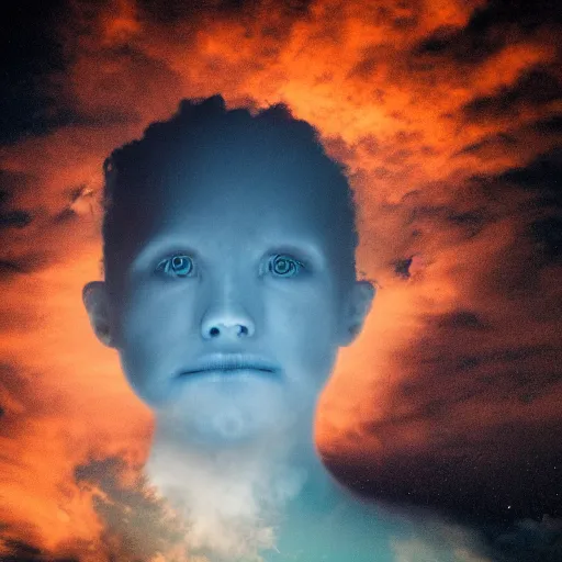 Prompt: a human look above and saw a face on the cloud