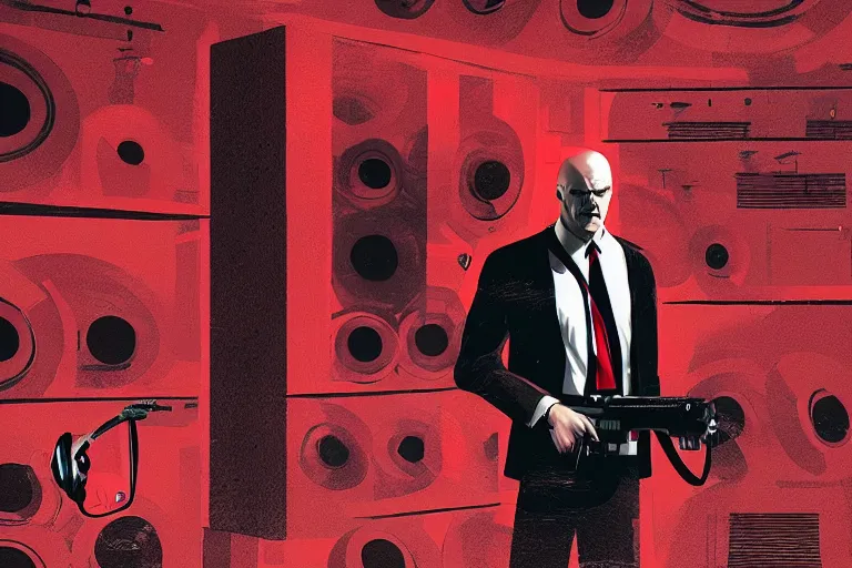 Image similar to an expressive portrait of agent 4 7 from hitman wearing headphones standing in front of a wall of vinyl records, dark background, red rim light, digital art, artstation, concept art by giger stalenhag