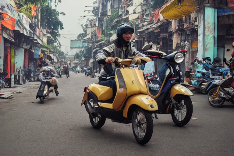 Prompt: moped scotter racing on the street of hanoi, by etienne dinet, artstation cgsociety