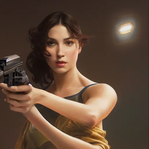 Image similar to a photorealistic portrait of stephane bern holding a gun cinematic lighting, photorealistic, octane render, 8 k, depth of field, 3 d, art by artgerm and greg rutkowski and alphonse mucha and uang guangjian and gil elvgren and sachin ten