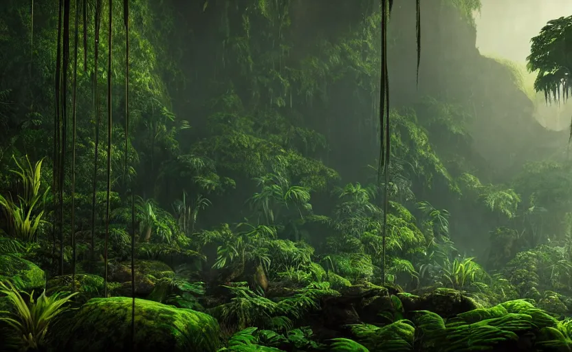 Image similar to a beautiful render of a dark prehistoric rainforest, lush flora, patches of sky, sunset, mountains and a waterfall in the background, intricate detail, hazy, humid, volumetric lighting, 8 k, photorealistic, raytracing effects, unreal engine 5