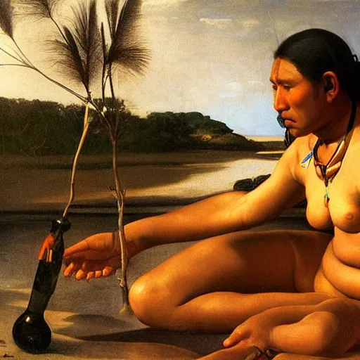 Prompt: beautiful oil matte portrait painting, amazon indigenous tribe leader finding a plastic bottle at the shore, wonderful masterpiece highly detailed, beautiful cinematic light deep focus, elegant, digital painting, smooth, sharp focus, golden ratio, dramatic illumination, ultra realistic, 8 k, art by artemisia lomi gentileschi and caravaggio
