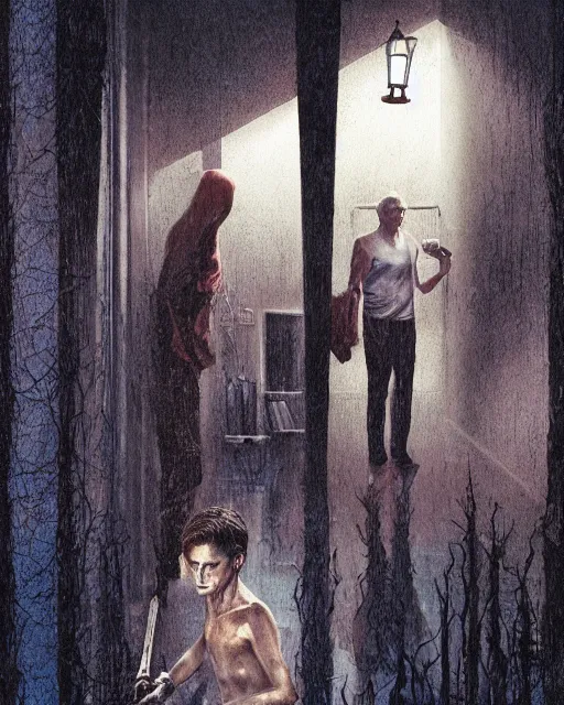 Image similar to illustration from the 2 0 0 0 s supernatural thriller'the overflow ', a high quality high detail painting by david mattingly and samuel araya and dave mckean and richard corben, hd 4 k 8 k, realistic hyperdetailed scene painting, photorealistic lighting, urban horror aesthetic, composition and scene layout inspired by gregory crewdson and christopher mckenney.