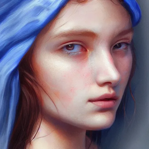 Prompt: young human female portrait, blue scarf, hatched ear, golden earring, white background, by horace hsu, tony sart, miles johnston, highly detailed, digital illustration, concept art, trending on artstation