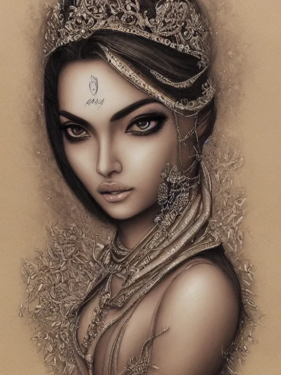 Image similar to An Iranian princess, by artgerm, beautiful, mixed media on toned paper, 2021, very detailed, coffee art