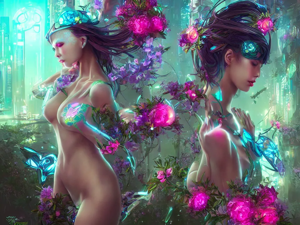 Image similar to one beautiful cyber fairy in a cyberpunk garden, body covers with neon flowers, elegant pose, realistic digital painting, artgerm, sakimichan, huang guangjian