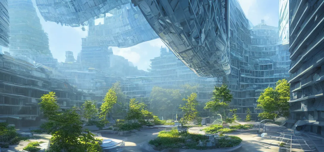 Prompt: view of a utopian solarpunk office building, blue clear skies, dappled light, cinematic lighting, ultra detailed, sharp, ambient occlusion, raytracing, 3 d artstation render by greg rutowski, finnian macmanus and jessica rossier