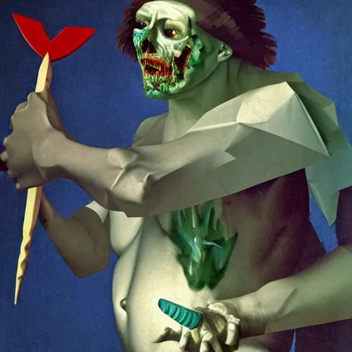 Image similar to low poly painting by caravaggio of a drowned zombie holding a trident with glowing cyan eyes, wearing ragged clothing, holding a trident, underwater, pastel green and blue color palette, low poly