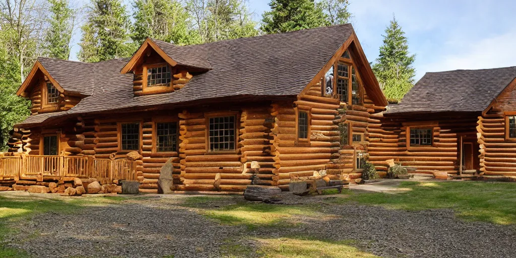 Prompt: log house on sunny meadow