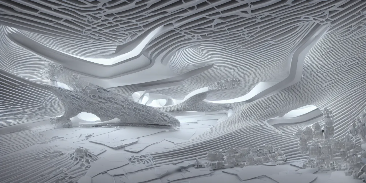 Image similar to a photorealistic 3 d seamless damask pattern futuristic robotic spaceship interior made of plastic in the style of zaha hadid, damask pattern, white and gold, 3 d realistic model render in unreal engine 5, octane, artstation trending, ultra high detail, ultra realistic, cinematic, 8 k, large realistic elements in plastic, dark atmosphere, tilt shift, depth of field