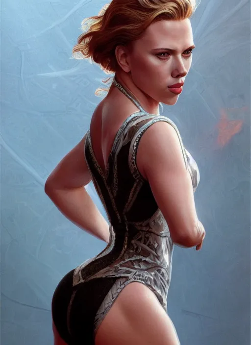 Image similar to full length photo of scarlett johansson the cover of sports illustrated 1 9 6 5, intricate, elegant, highly detailed, digital painting, artstation, concept art, matte, sharp focus, illustration, hearthstone, art by artgerm and greg rutkowski and alphonse mucha