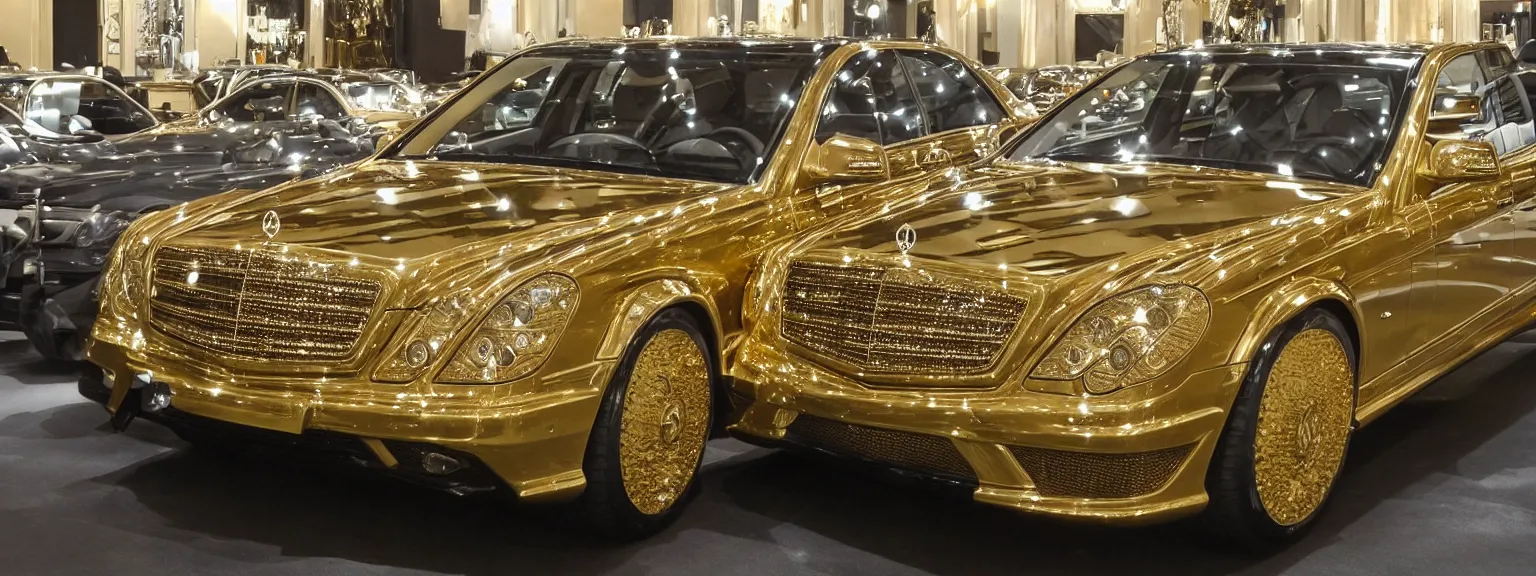 Image similar to a very luxurious, golden mercedes studded with diamonds,