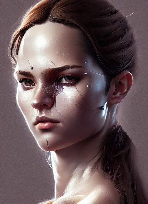 Image similar to hyper - realistic portrait of a female hunter, symmetrical face and body, symmetrical composition, dynamic wavy hair, detailed designs, digital painting, 4 k, by ilya kuvshinov, by greg rutkowski, atmospheric lighting