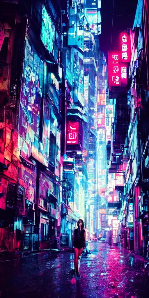Prompt: cyberpunk city at night, night clubs and neons, rain, camera above roofs, girl under lantern