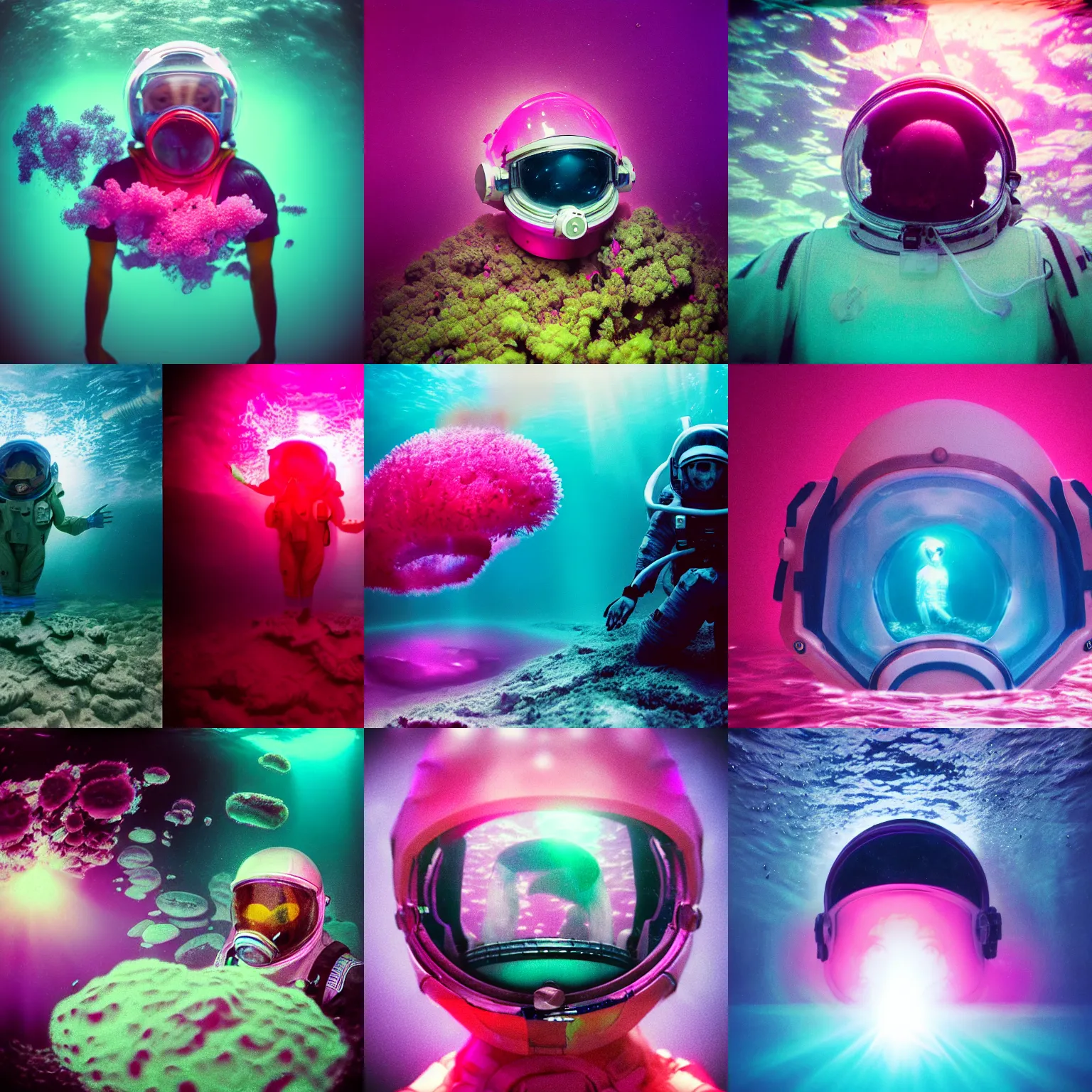 Prompt: 3 d octane render portrait with flash in the dark underwater, astronaut's with meka helmet looks out into infinity under deep water. pink flowers and algae tightened it up. pink jellyfish everywhere. rays of light breaking through the water. infrared film photo, polaroid