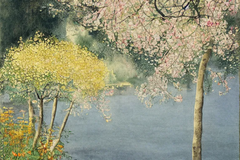 Prompt: an ultradetailed landscape painting of westlake in china hangzhou, light yellow may flowers blossoms nearby, autumn wind, chinese water color, smooth, sharp focus, illustration, by hilma af klint