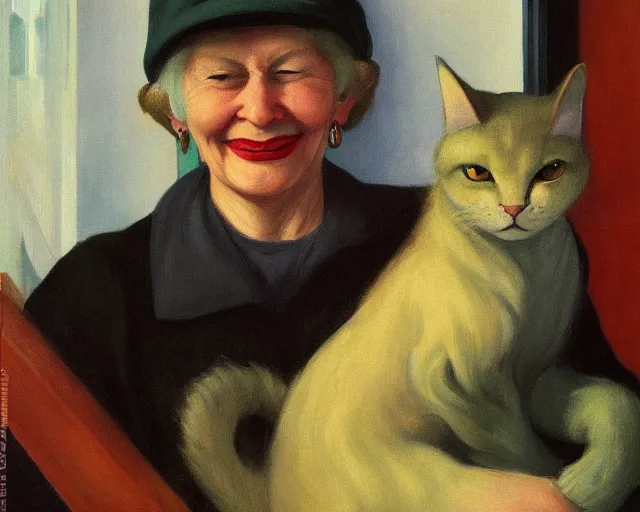 Image similar to detailed portrait of a happy old lady and her plant cat , Edward Hopper, sharp high quality