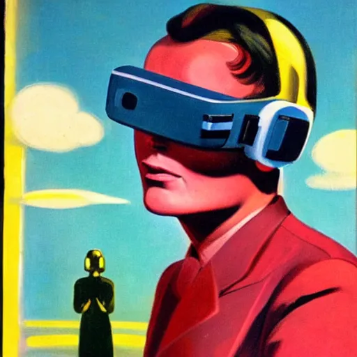 Prompt: man wearing virtual reality headset, space, galaxy, 1950s art deco, retrofuturism, edward hopper