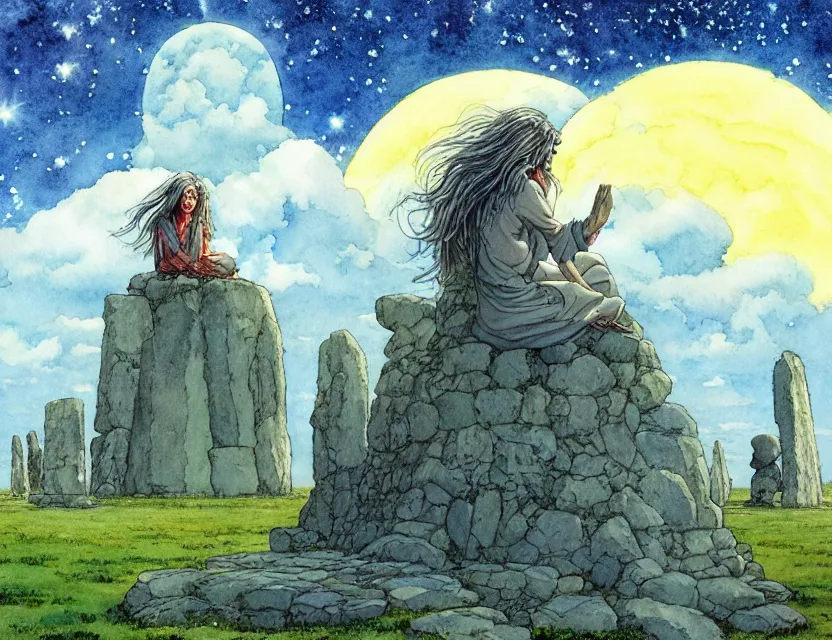 Image similar to a hyperrealist studio ghibli watercolor fantasy concept art of a giant long haired grey witch in lotus position sitting on top of stonehenge with a starry sky in the background. a ufo is in the sky. by rebecca guay, michael kaluta, charles vess