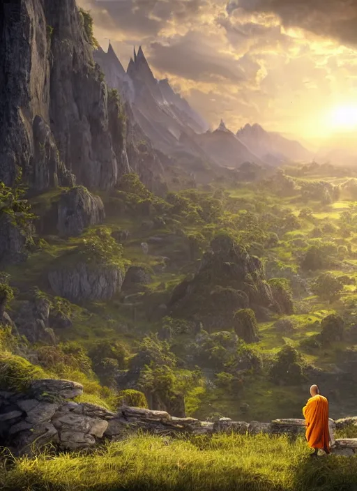 Prompt: a cosmic monk in lord of the rings scenery landscape, looking out at a vast lush valley at sunrise, temple castle in the distance, god's rays, highly detailed, vivid color, cinematic lighting, perfect composition, 8 k, gustave dore, derek zabrocki, greg rutkowski, belsinski, octane render