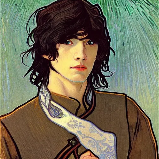 Image similar to portrait painting of young handsome beautiful paladin elf!! man with long! wavy dark hair in his 2 0 s named taehyung minjun at the blueberry party, wearing armor!, long hair, elf ears, blue eyes, blueeyes!, elegant, delicate, soft facial features, art, art by alphonse mucha, vincent van gogh, egon schiele,