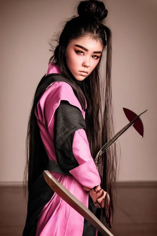 Image similar to highly detailed beautiful photo of madison beer as a young female samurai, practising her sword staces, symmetrical face, beautiful eyes, pink hair, realistic, 8 k, award winning photo, pastels colours, action photography, 1 / 1 2 5 shutter speed, sunrise lighting