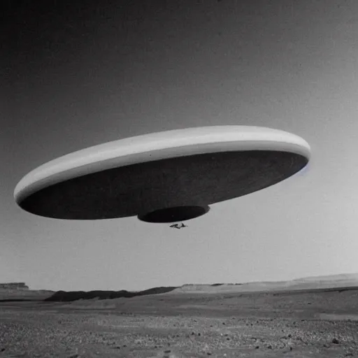 Image similar to president eisenhower aboarding a ufo in the desert, black and white photo