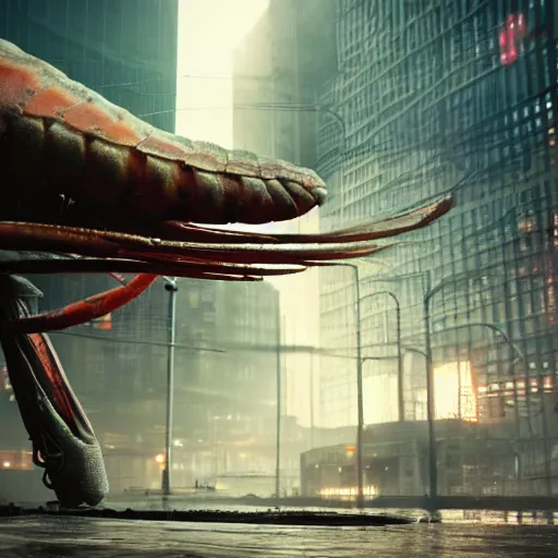 Prompt: a giant shrimp standing in a dystopian city, cyberpunk, dystopian, god, evil, villain, sharp focus, dynamic lights, still, photograph, hyper realistic, masterpiece, digital, octane render, rendered, 3 d, cinematic, cinematic lighting, dramatic lighting, highly detailed, intricate details, texture, cinematic composition, by donglu yu and kevin jick and eddie del rio