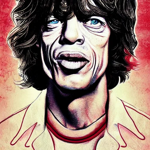 Prompt: Mick Jagger illustrated in the style of Stranger Things cover art