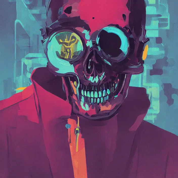 Prompt: a colorful comic noir illustration painting of a cyberpunk skull by sachin teng, sergey kolesov, sam yang, simon stalenhag. in style of digital art. hyper detailed, sharp focus, soft light. octane render. ray tracing. trending on artstation