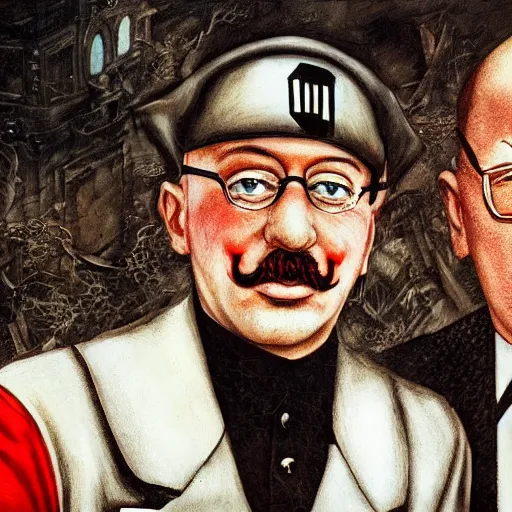 Image similar to UHD photorealistic detailed image of young Klaus Schwab and Hitler, both wearing extremely intricate clown makeup by Ayami Kojima, Amano, Karol Bak, tonalism