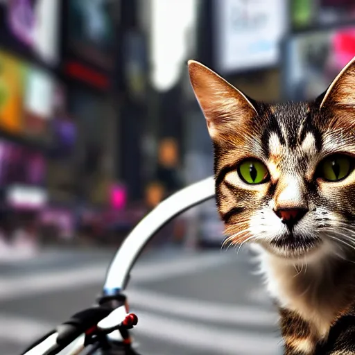 Image similar to a photorealistic, 4 k, photoshoot of a cat riding a bicycle though times square