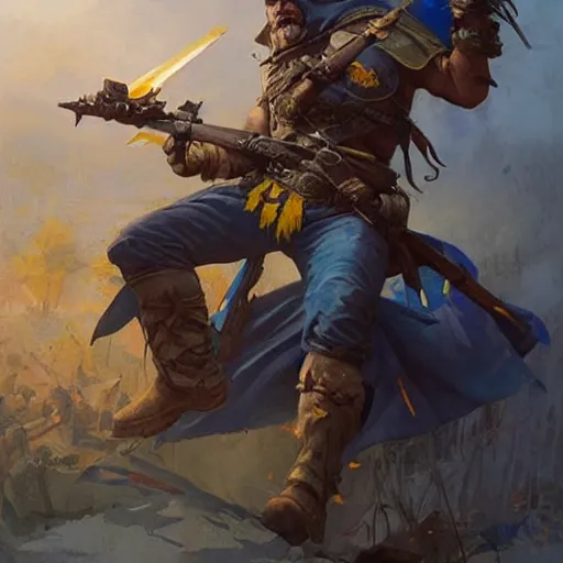 Image similar to Ukrainian warrior with Ukrainian blue and yellow flag successfully fights russian and soviet orcs, epic, highly detailed, 8k digital painting, artstation, concept art, smooth, sharp focus, illustration, art by artgerm and greg rutkowski and alphonse mucha