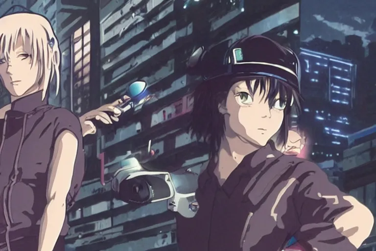 Image similar to Chloe Sevigny aims a pistol in a cyberpunk anime from the 90s by Mamoru Oshii