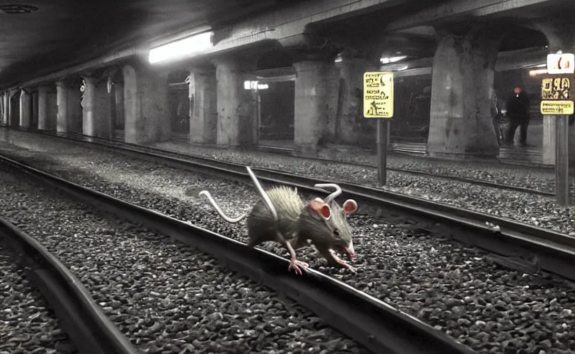 Prompt: very large giant mutant zombie irradiated rat sraying on railways in tonnel of moscow subway. extreme high detail. low dark light, scary atmosphere.