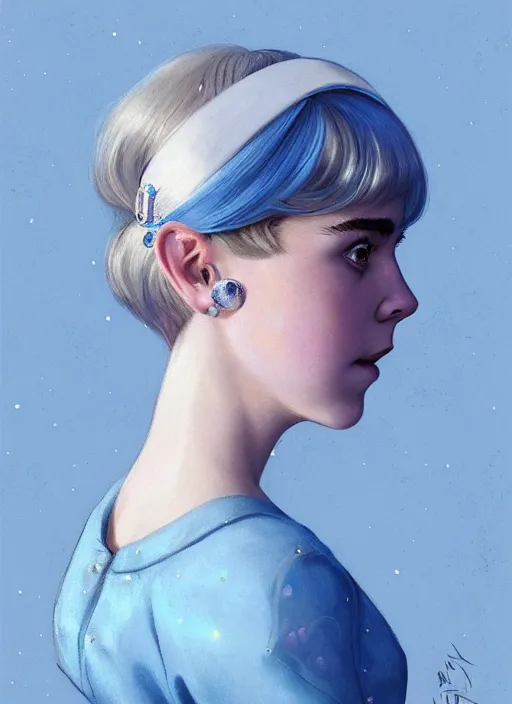 Image similar to portrait of kiernan shipka with freckles, white hair, big 1 9 6 0 s bob hairstyle with bangs and hairband, blue 1 9 6 0 s dress, intricate, elegant, glowing lights, highly detailed, digital painting, artstation, concept art, smooth, sharp focus, illustration, art by wlop, mars ravelo and greg rutkowski